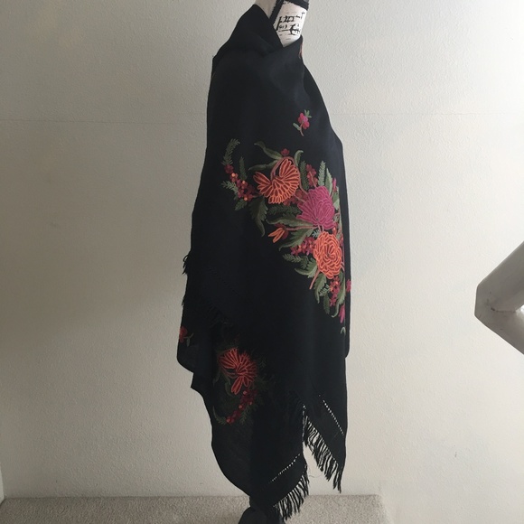 Black Wool Crepe Shawl in Colorful Embroidery - Picture 4 of 6